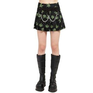Tripp NYC ✦ Green Leaf Print Pleated Mini Skirt ✦ Chains Zip Back 100% Cotton L